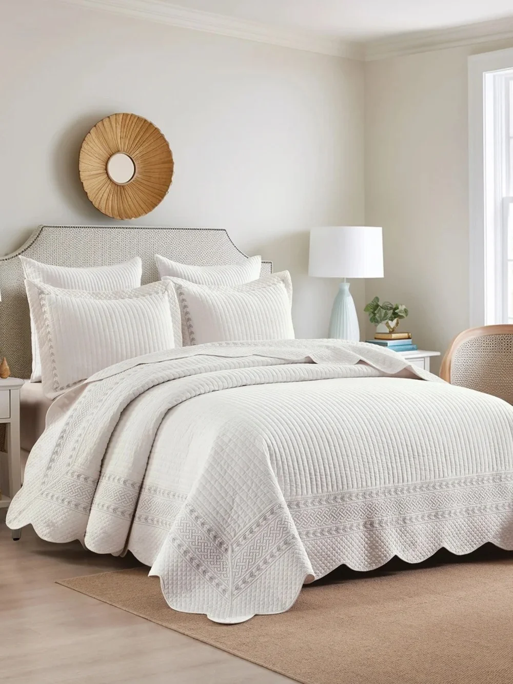 3 PIECE 100% COTTON WHITE STRIPE QUILT SET – CLASSIC EMBROIDERED BEDSPREAD